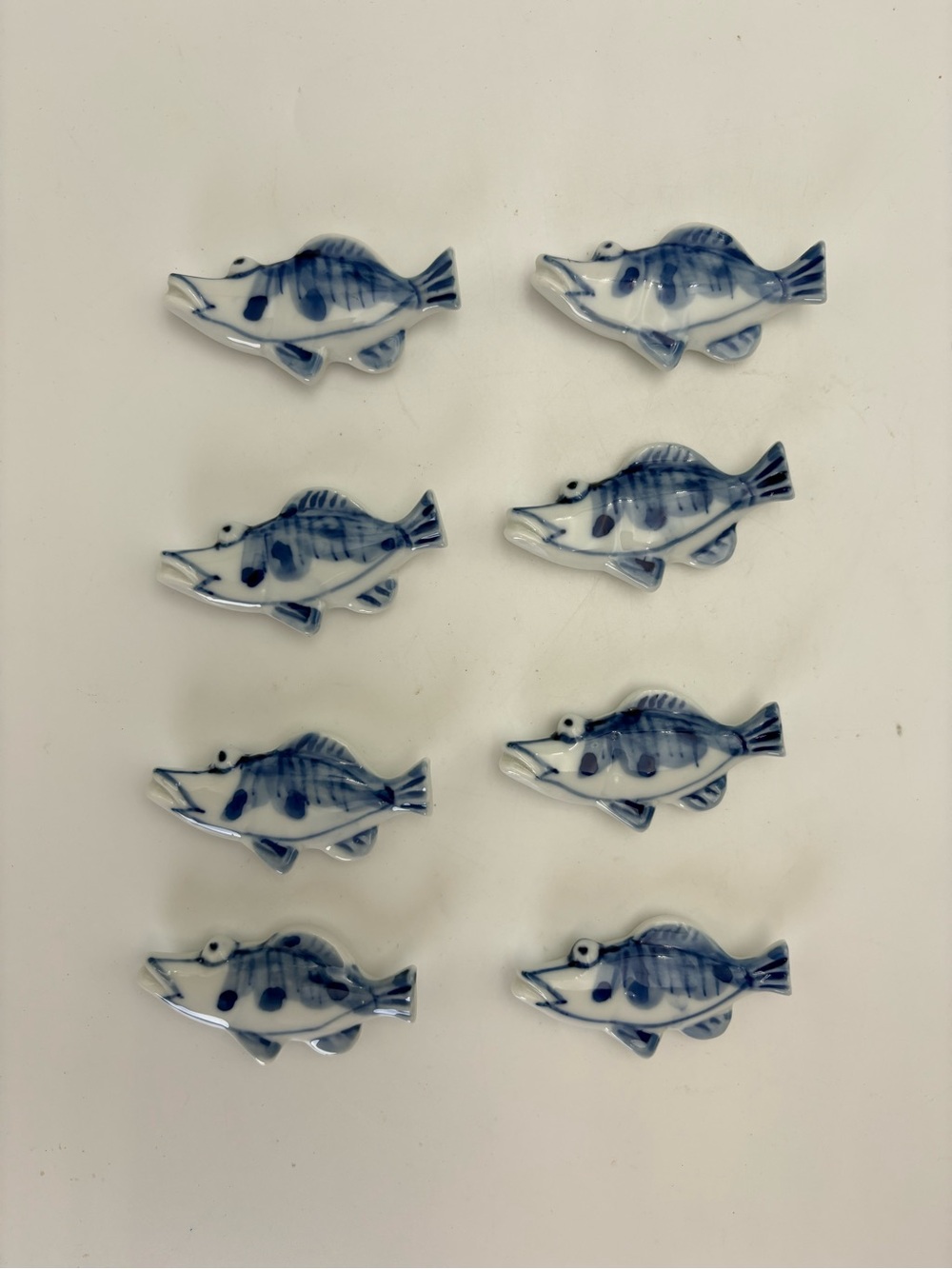 Japanese Blue and White Fish Ceramic Chopstick Rests - Set of 8